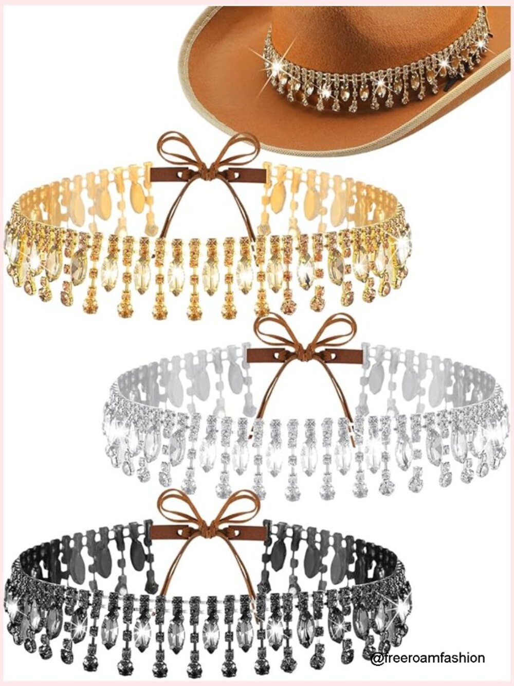 3pc Rhinestone Cowboy Hat Band Fringe Western Style Accessories